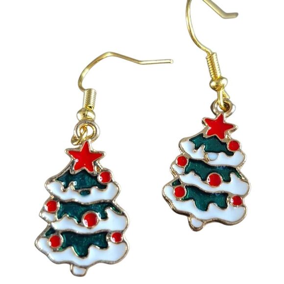 💲6️⃣ Bundled ✔️Festive Holiday Christmas Tree Earrings with Snow Branch Detail - Picture 1 of 7